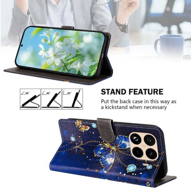 Folio Deksel Til Xiaomi 15t Pro Gull Og Blå Sommerfugler