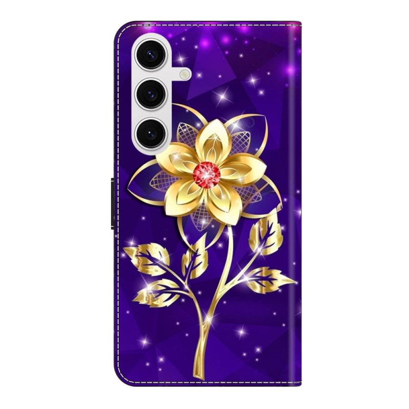 Folio Deksel Samsung Galaxy S26 Plus Gyldne Blomster På Lilla Bakgrunn