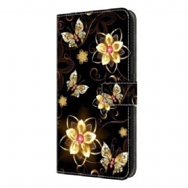 Lærdeksel Folio Deksel Samsung Galaxy S26 Plus Mobildeksel Gullblomster Og Sommerfugler