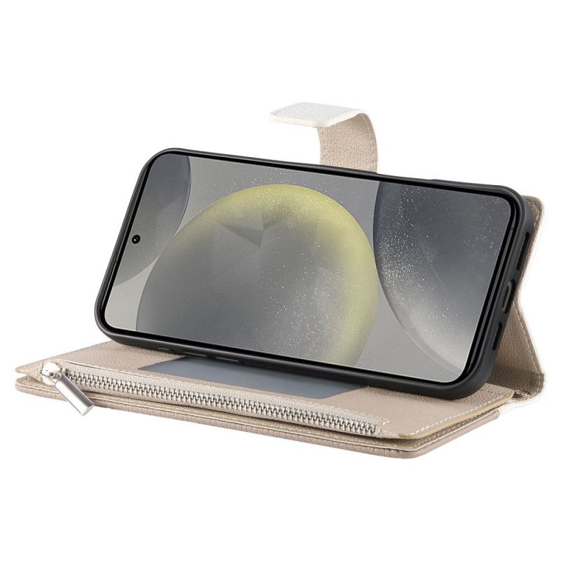 Folio Deksel Samsung Galaxy S25 Fe Lommebok I Skinn Med Glidelås Og Stropper Beskyttelse Deksel