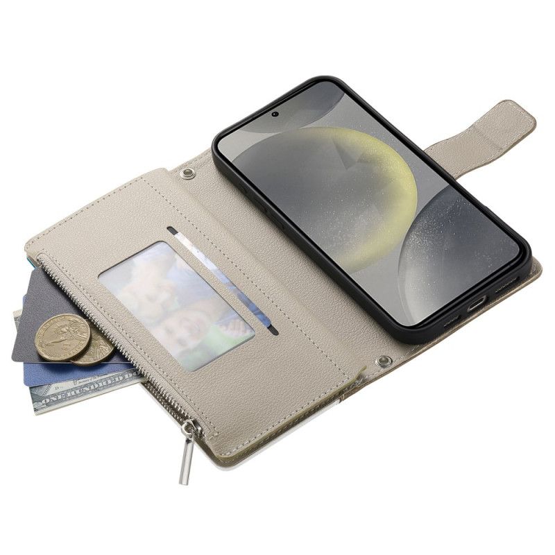 Folio Deksel Samsung Galaxy S25 Fe Lommebok I Skinn Med Glidelås Og Stropper Beskyttelse Deksel