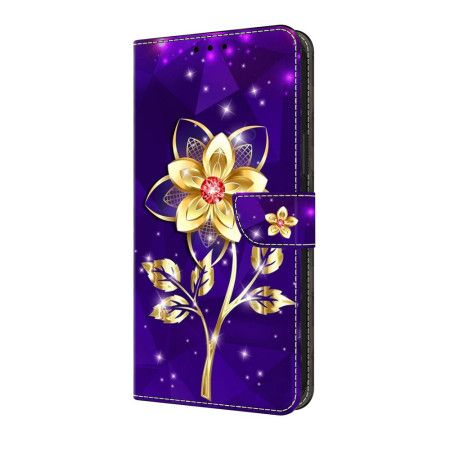 Folio Deksel Til Samsung Galaxy S25 Fe Gyldne Blomster På Lilla Bakgrunn