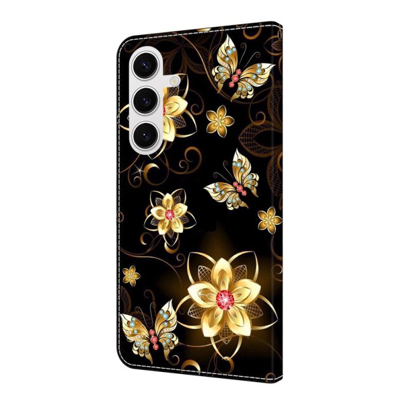 Lærdeksel Folio Deksel Samsung Galaxy S25 Fe Mobildeksel Gyldne Blomster Og Sommerfugler