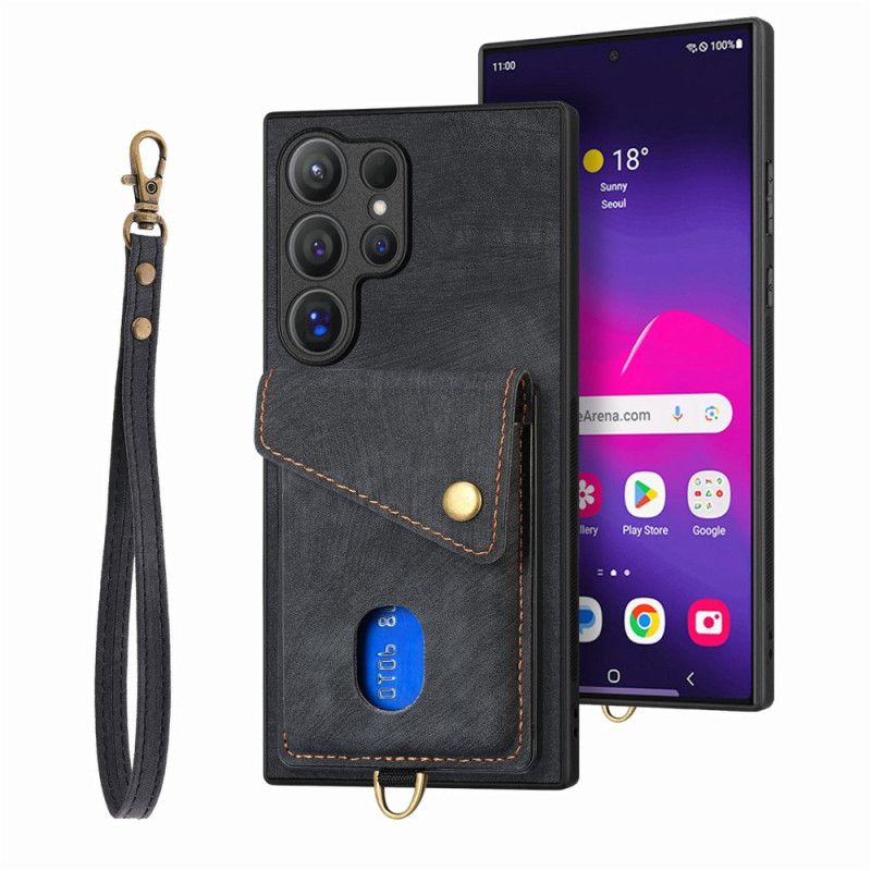 Deksel Samsung Galaxy S25 Ultra 5g Semsket Skinneffekt Med Kortholder Og Stativ Beskyttelse Deksel