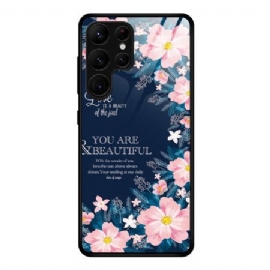 Deksel Til Samsung Galaxy S25 Ultra 5g Rosa Blomster I Herdet Glass