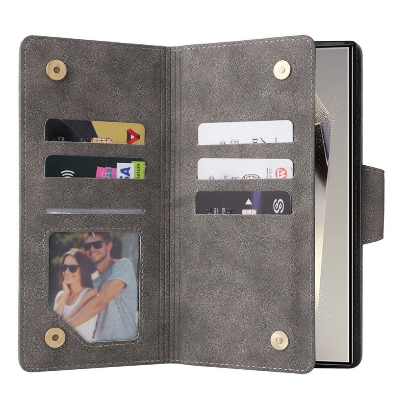 Folio Deksel Samsung Galaxy S25 Ultra 5g Lommebok Med Semsket Skinneffekt Og Stropp