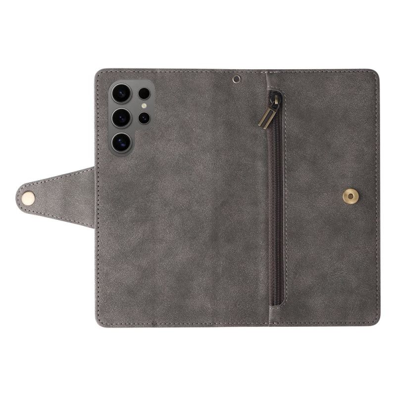 Folio Deksel Samsung Galaxy S25 Ultra 5g Lommebok Med Semsket Skinneffekt Og Stropp