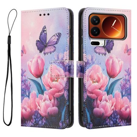 Folio Deksel Xiaomi 17 Pro Sommerfugler Og Rosa Blomster Beskyttelse Deksel