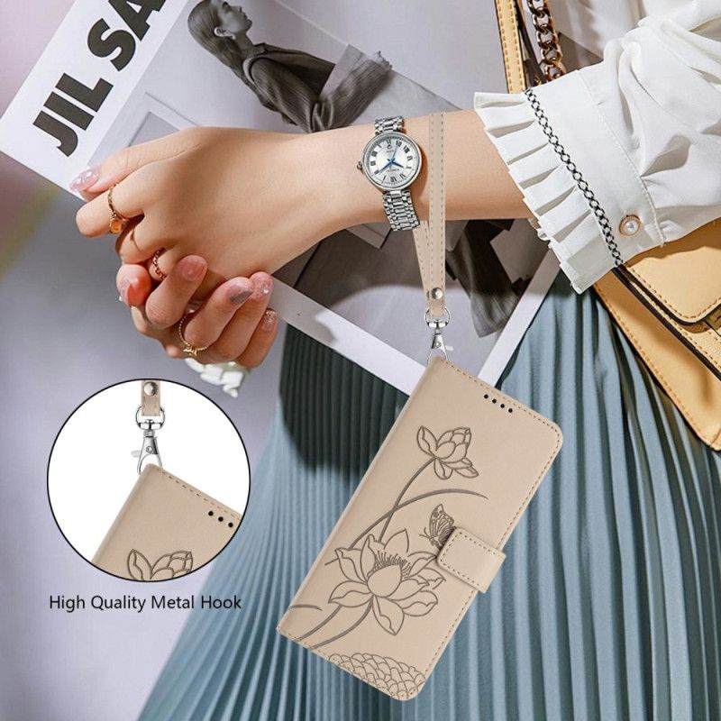 Lærdeksel Folio Deksel Xiaomi 17 Pro Mobildeksel Lotusmønster Med Snor