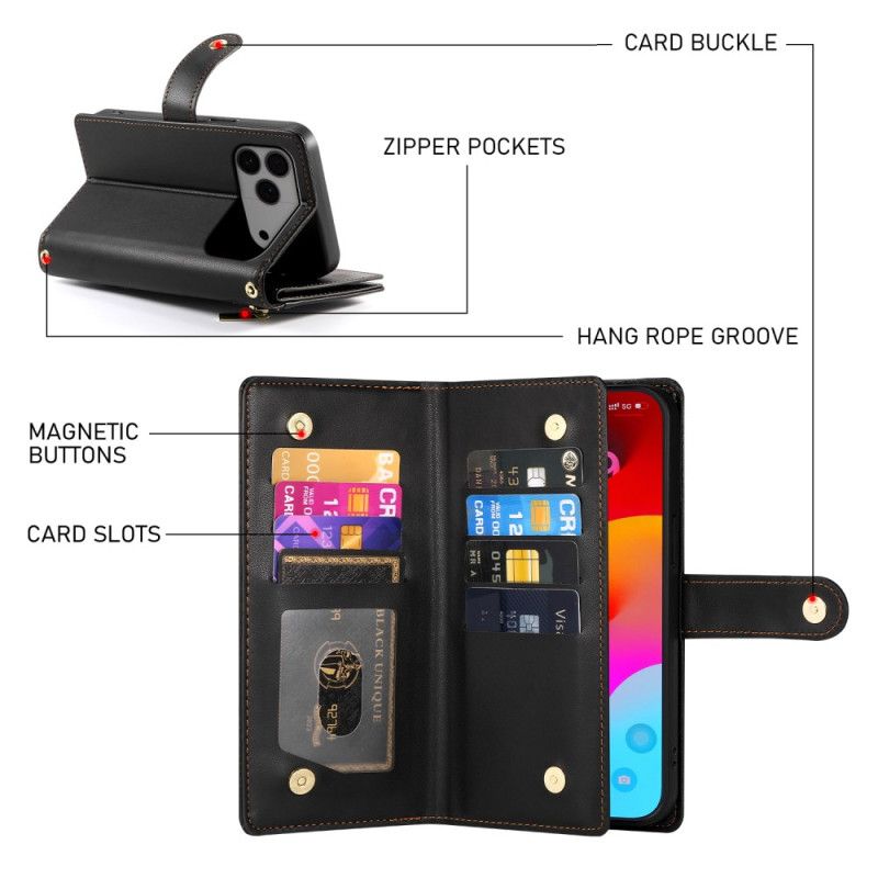 Lærdeksel Folio Deksel iPhone 17 Pro Max Lommebok Med Glidelåslomme