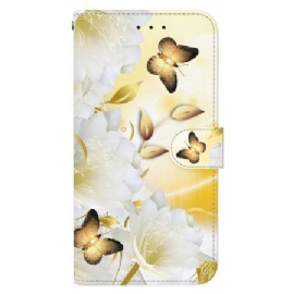 Lærdeksel Folio Deksel Xiaomi 15 Pro Mobildeksel Gullsommerfugler Og Hvite Blomster