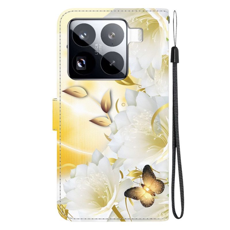 Lærdeksel Folio Deksel Xiaomi 15 Pro Mobildeksel Gullsommerfugler Og Hvite Blomster