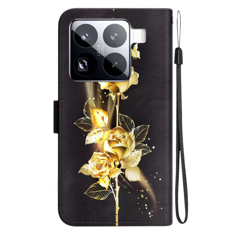 Lærdeksel Folio Deksel Xiaomi 15 Pro Mobildeksel Gullsommerfugler Og Rosa