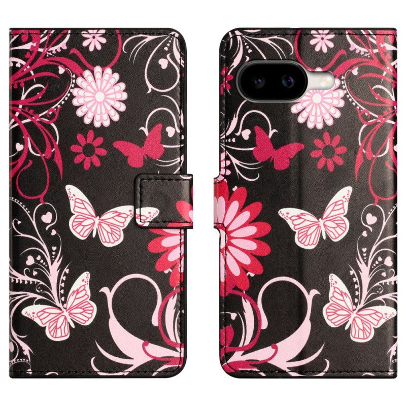 Lærdeksel Folio Deksel Google Pixel 10a Mobildeksel Sommerfugler På Svart Bakgrunn