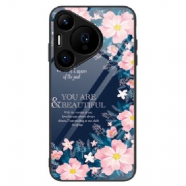 Deksel Huawei Pura 70 Rosa Blomster I Herdet Glass