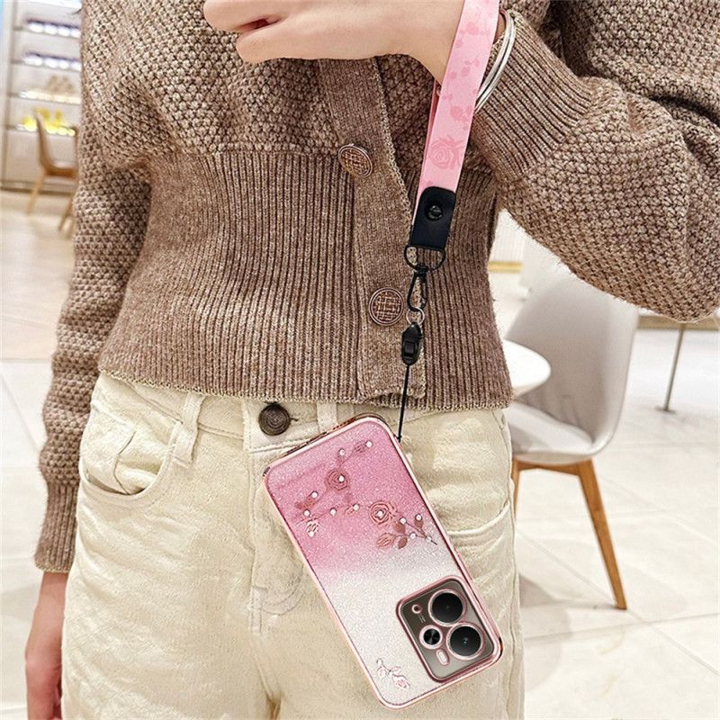 Deksel Realme 14t 5g Kadem Blomster Og Rhinestone-rem