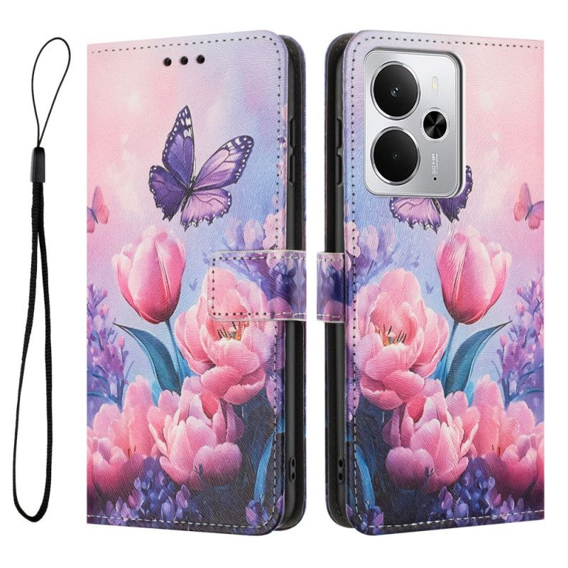 Folio Deksel Realme 14t 5g Rosa Blomster Og Sommerfugler