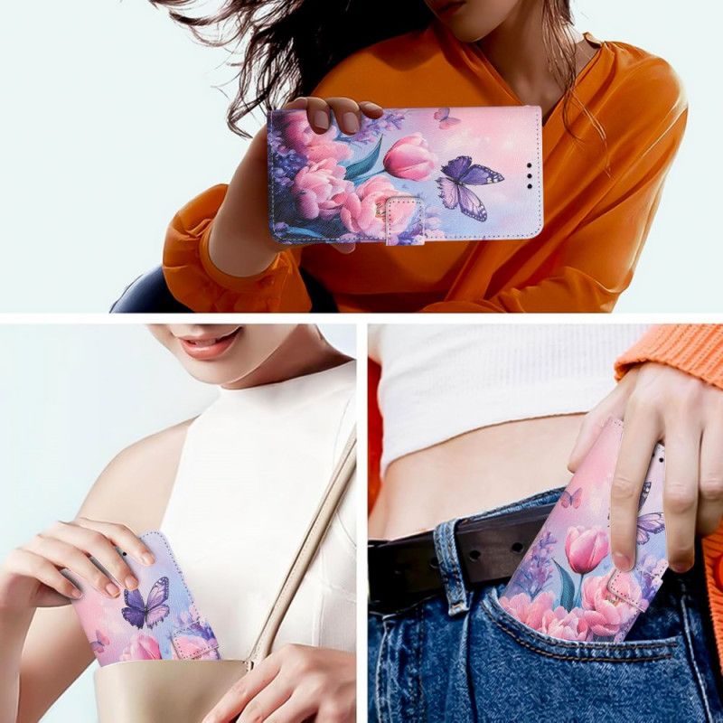 Folio Deksel Realme 14t 5g Rosa Blomster Og Sommerfugler