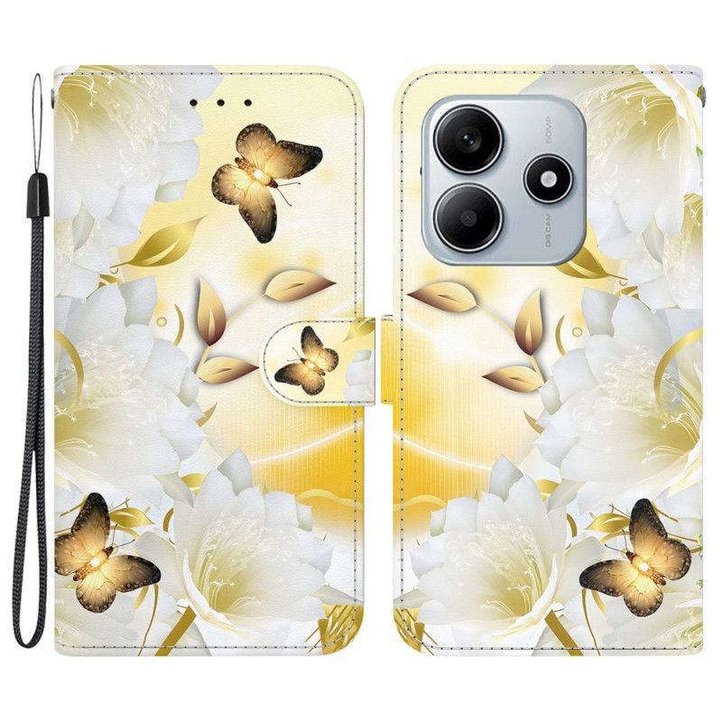 Folio Deksel Xiaomi Redmi Note 14 5g Gullsommerfugler Og Hvite Blomster