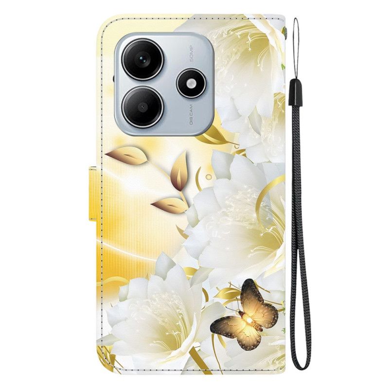 Folio Deksel Xiaomi Redmi Note 14 5g Gullsommerfugler Og Hvite Blomster