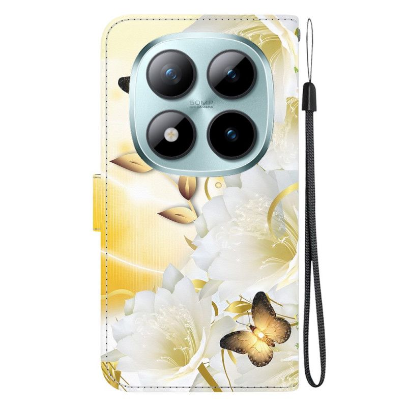 Folio Deksel Til Xiaomi Redmi Note 15 Pro 5g Gyldne Sommerfugler Og Hvite Blomster