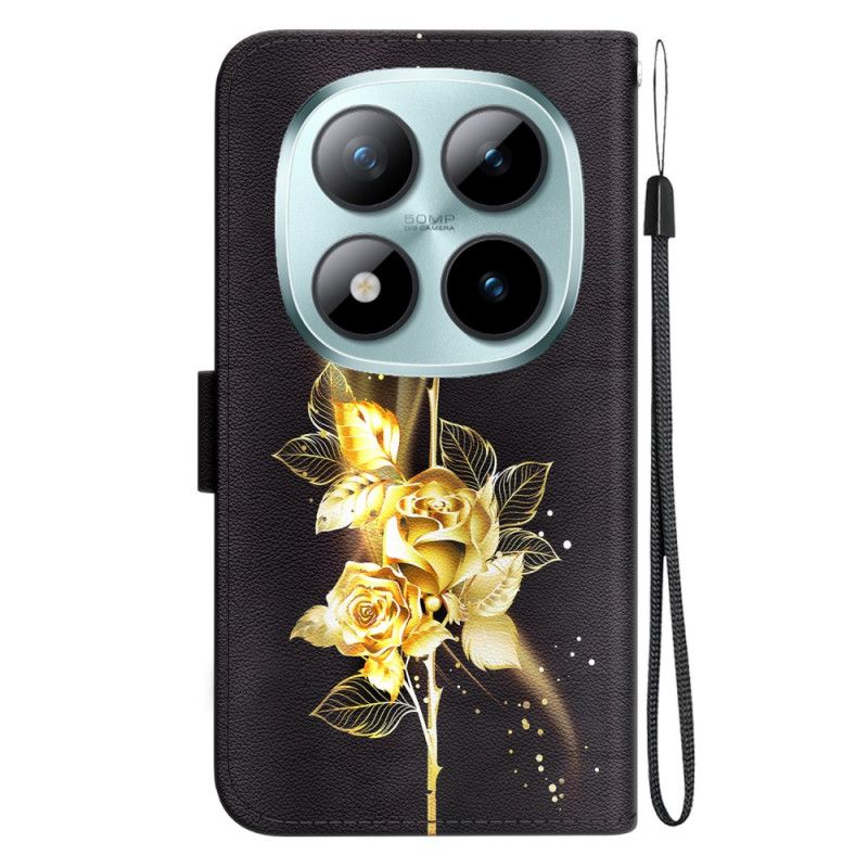 Folio Deksel Xiaomi Redmi Note 15 Pro 5g Gyllen Sommerfugl Og Roser