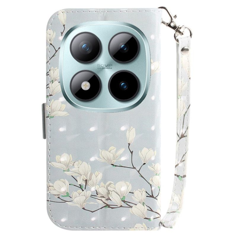 Lærdeksel Folio Deksel Xiaomi Redmi Note 15 Pro 5g Hvite Magnoliaer Med Stropper