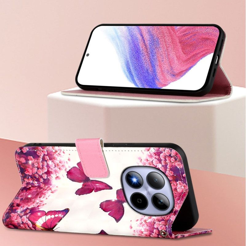 Lærdeksel Folio Deksel Xiaomi Redmi Note 15 Pro 5g Mobildeksel Rosa Sommerfugler
