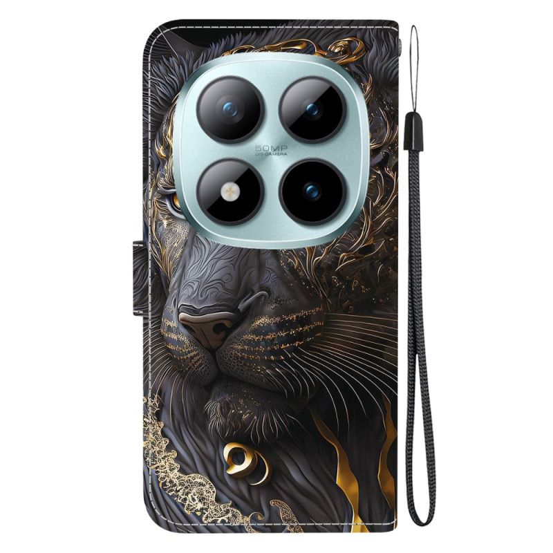 Lærdeksel Folio Deksel Xiaomi Redmi Note 15 Pro 5g Mobildeksel Svart Og Gull Løve