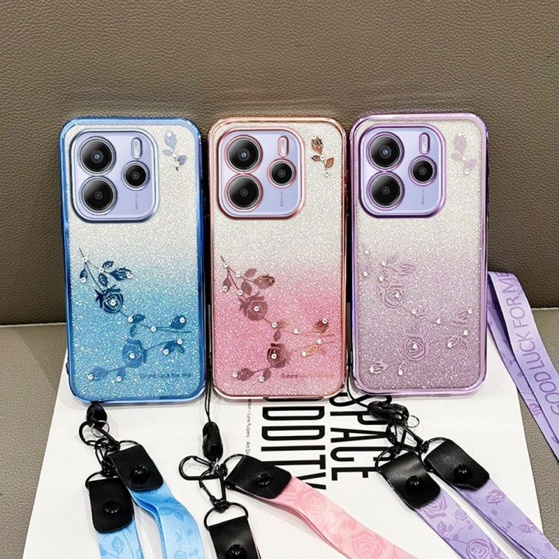 Deksel Xiaomi Redmi Note 14 4g Rhinsten Og Blomster Med Snor