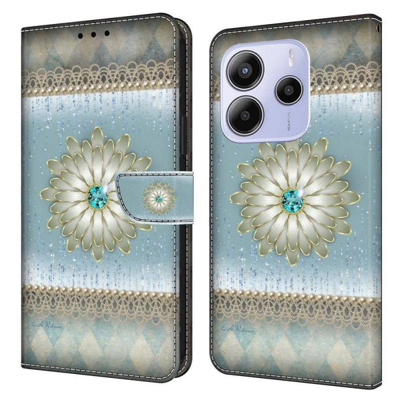 Folio Deksel Xiaomi Redmi Note 14 4g Blomst Og Blå Diamant Beskyttelse Deksel