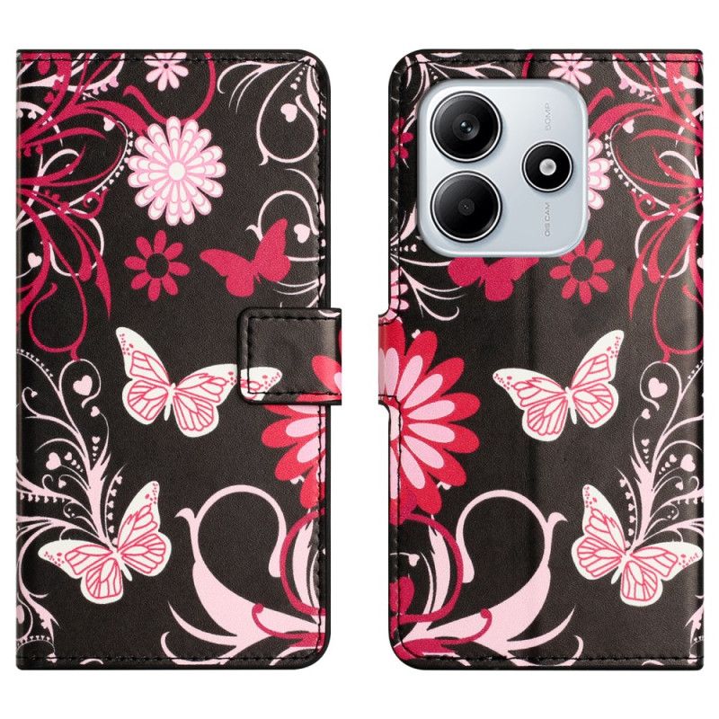 Folio Deksel Xiaomi Redmi Note 14 4g Sommerfugler På Svart Bakgrunn Beskyttelse Deksel
