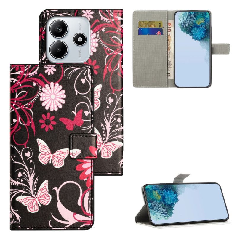 Folio Deksel Xiaomi Redmi Note 14 4g Sommerfugler På Svart Bakgrunn Beskyttelse Deksel
