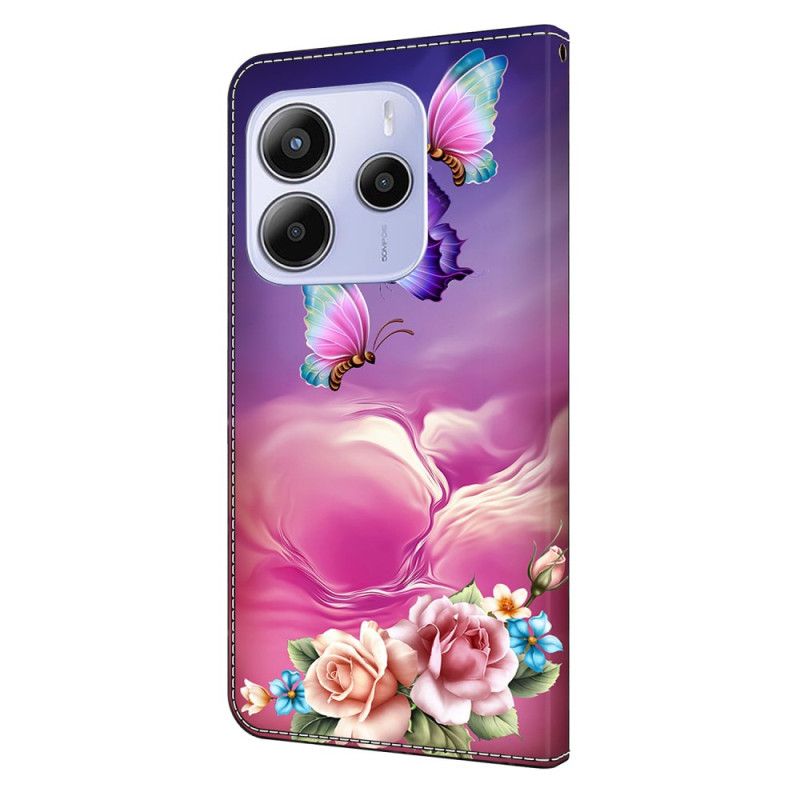 Lærdeksel Folio Deksel Xiaomi Redmi Note 14 4g Mobildeksel Blomstersommerfugler