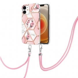 Mobildeksel Til iPhone 12 Mini Med Snor Marmor Og Blomsterkrone