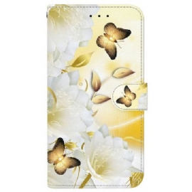 Lærdeksel Folio Deksel Oppo Reno 13 5g Mobildeksel Gullsommerfugler Og Hvite Blomster