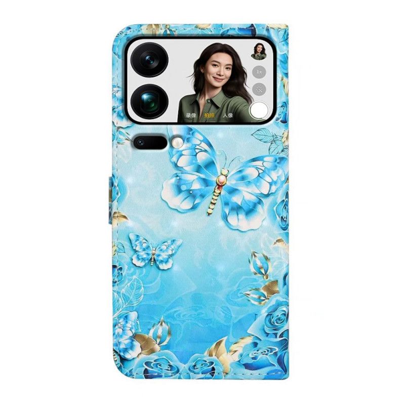 Folio Deksel Xiaomi 17 Pro Max Sommerfugler Og Diamanter