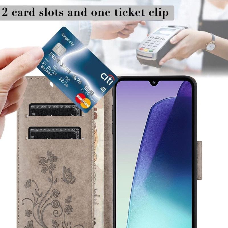 Lærdeksel Folio Deksel Poco C75 Blomster Og Sommerfugler Med Snor