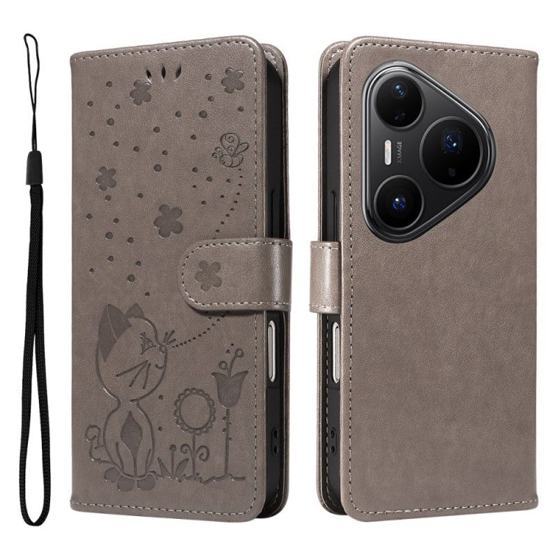 Lærdeksel Folio Deksel Huawei Pura 80 Pro Mobildeksel Katt Og Bie