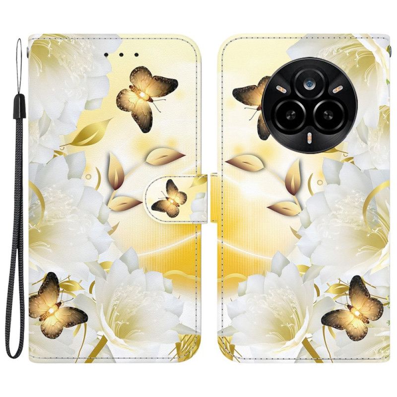 Folio Deksel Realme 14 Pro 5g Gyldne Sommerfugler Og Hvite Blomster