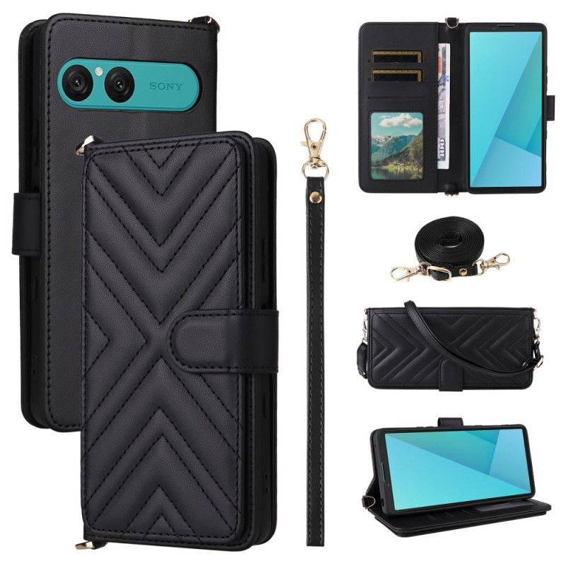 Lærdeksel Folio Deksel Sony Xperia 10 Vii Mobildeksel Vattert Med Stropp Og Håndleddsstropp