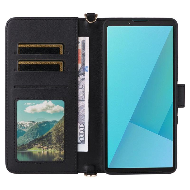 Lærdeksel Folio Deksel Sony Xperia 10 Vii Mobildeksel Vattert Med Stropp Og Håndleddsstropp