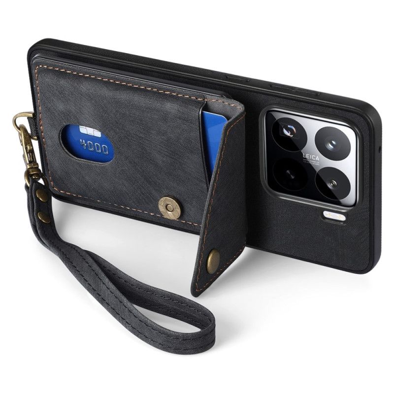 Deksel Xiaomi 15 Mobildeksel Kortholder Og Stropp I Semsket Skinneffekt