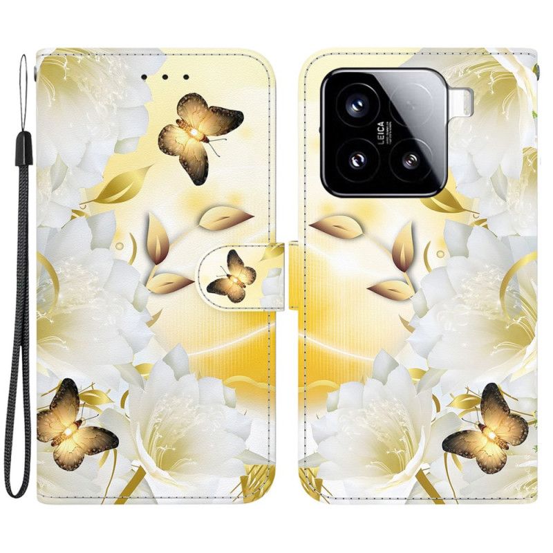 Folio Deksel Xiaomi 15 Gullsommerfugler Og Hvite Blomster Beskyttelse Deksel