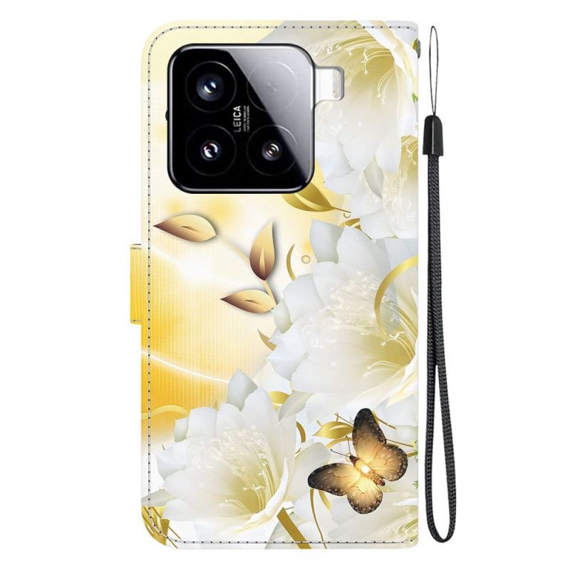 Folio Deksel Xiaomi 15 Gullsommerfugler Og Hvite Blomster Beskyttelse Deksel