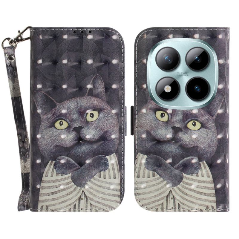 Lærdeksel Folio Deksel Xiaomi Redmi Note 15 Pro Plus 5g Mobildeksel Grå Katt Med Stropp