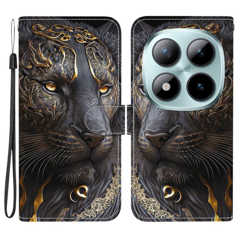 Lærdeksel Folio Deksel Xiaomi Redmi Note 15 Pro Plus 5g Svart Og Gullløve