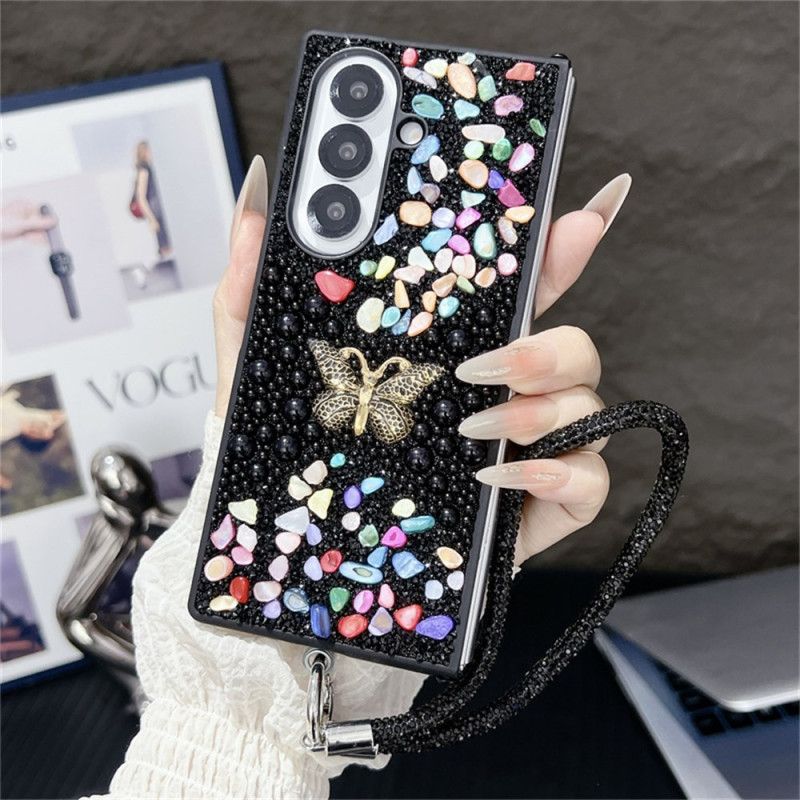 Deksel Samsung Galaxy Z Fold 7 Rhinestone-sommerfugl Med Stropp