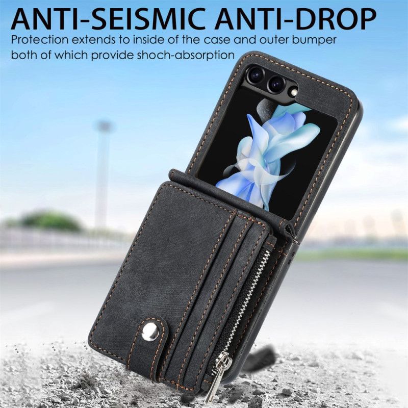 Deksel Samsung Galaxy Z Flip 7 Fe Retro Stativ Og Kortholder Med Glidelås