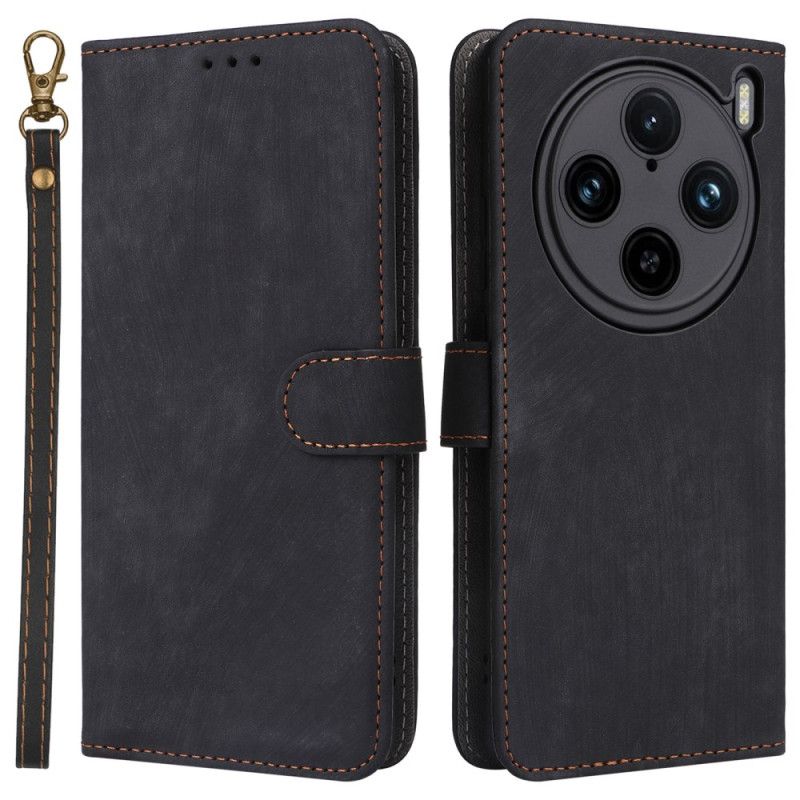 Lærdeksel Folio Deksel Vivo X100 Pro Stropp I Semsket Skinneffekt